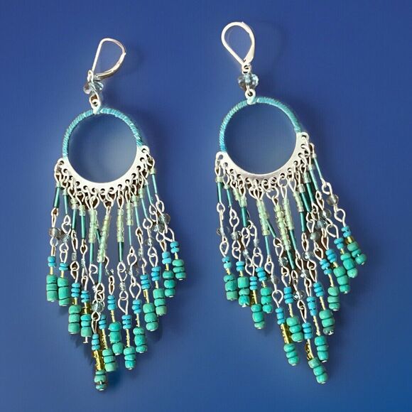 Chandelier Earrings Dangle Loop Drop Blue Bead Leverback Made in USA Boho Hippie - Picture 1 of 2